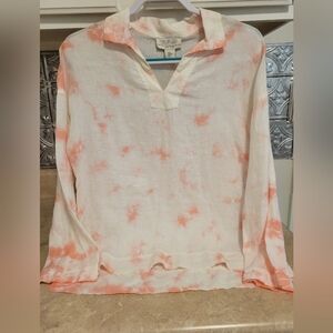 Rachel Zoe Linen Top Shirt  White Pink Tie Dye S